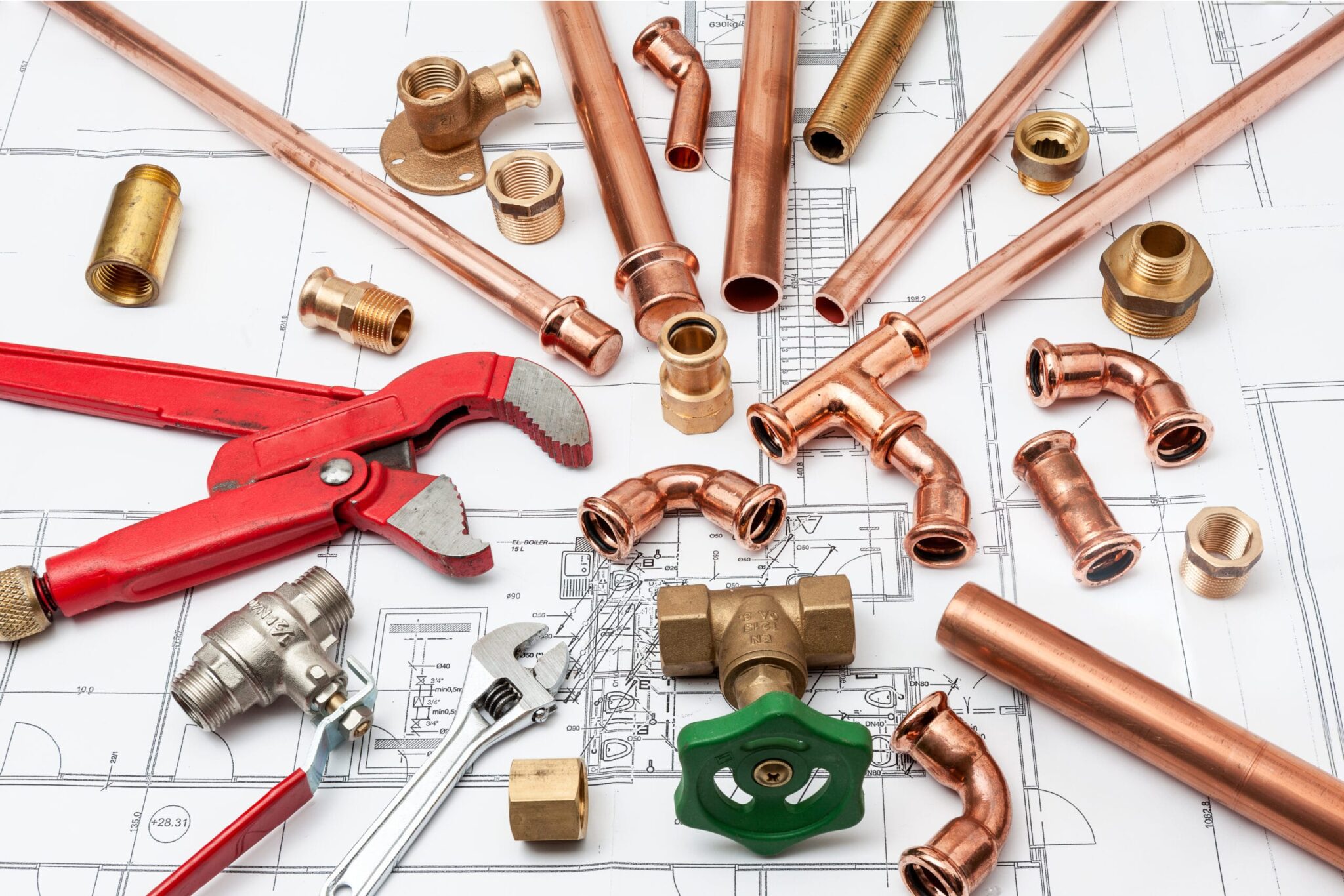 Copper pipes, fittings, valves, and plumbing tools in Wesley Chapel