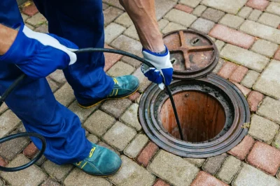 Plumber cleaning an outdoor sewer drain in Wesley Chapel