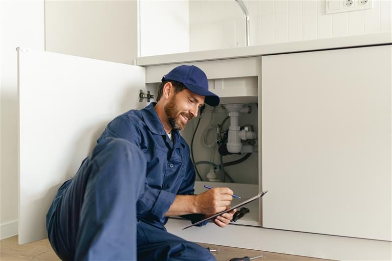 Residential plumber reviewing plumbing repairs in a Wesley Chapel kitchen