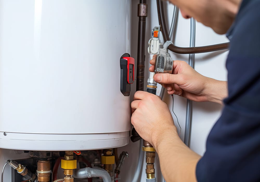 Technician repairing pipes connected to a water heater in Wesley Chapel